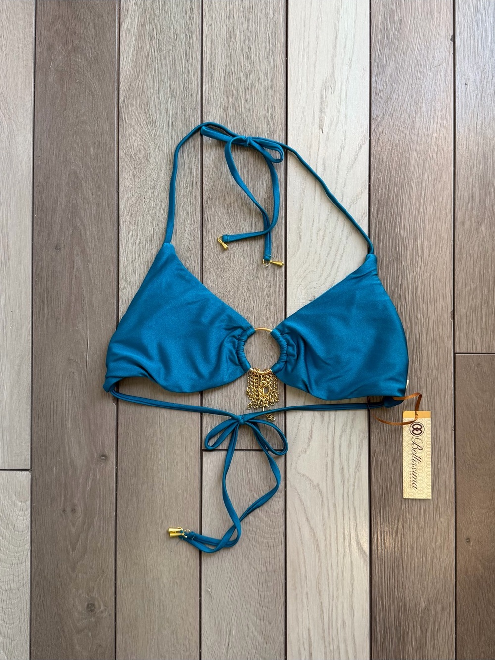 Bellissima blue bikini top with gold chain detail